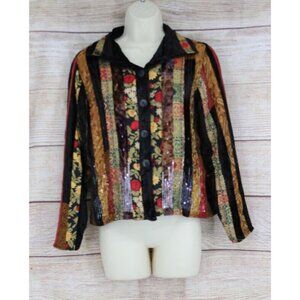 Coldwater Creek Womens Petite Size Small Button Down Floral Velvet Shirt Black